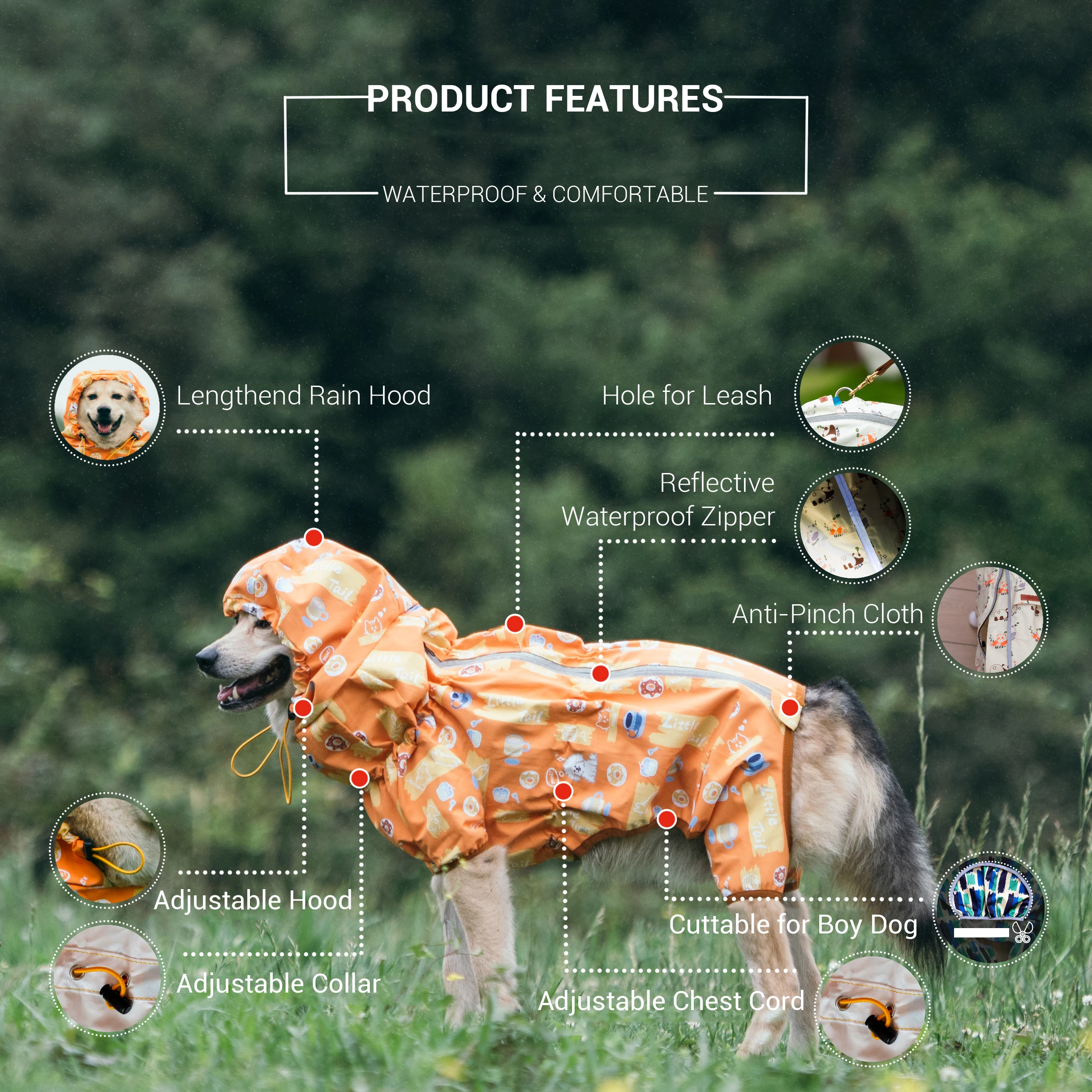 Waterproof Dog Raincoat Full Body-Covered Pet Rain Coat with Cuttable Belly Full Prints Outdoor Rain Jacket for Medium Large Dog