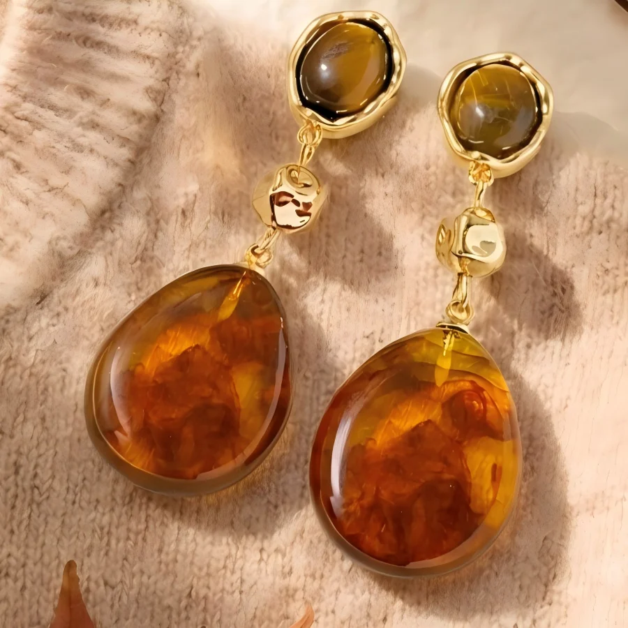 

925 Sterling Silver Needle Oval Resin Tear Drop Earrings Maillard Style Luxury Vintage Earrings Design Sensation Women's Jewelry