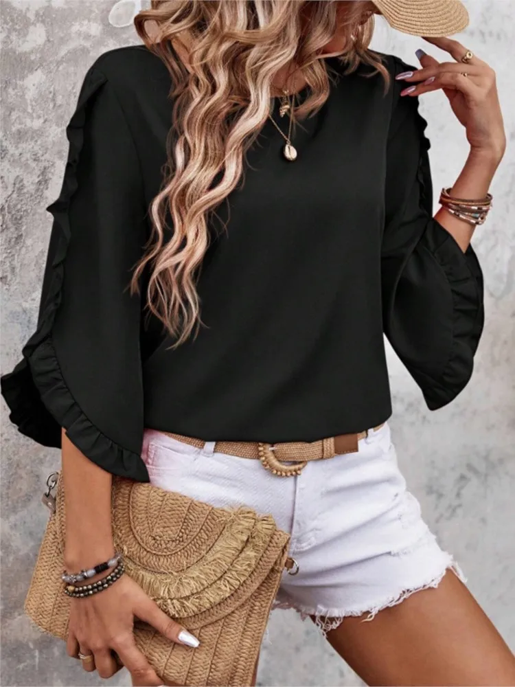 

Casual Shirts Blouse For Woman Three Quarter Sleeves Top Homewear Women's Clothing Simple Style Temperament Irregular Beside Ear