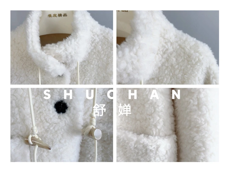 معطف صوف 100% للنساء جديد دافئ من صوف الضأن والفرو المتكامل بياقة واقفة وإبزيم معطف صوف متوسط وطويل للنساء #6