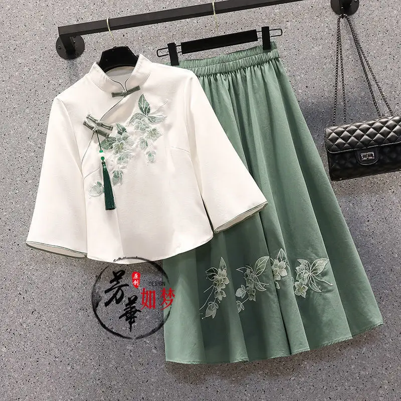 

Over Sized Women Summer Butterfly Sweet Chinese Suit Embroidered Top Suit Hanfu Blouse Skirt Two-piece Set Large Size Cheongsam