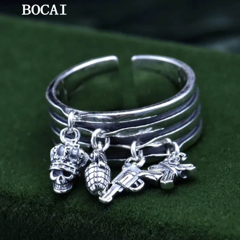 BOCAI S925 Sterling Silver Personalized Retro Niche Multi-layered Skull Cross Women's Ring