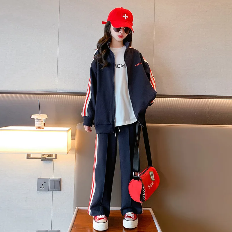 Spring Autumn Junior Girl Tracksuit School Girl Striped Zipper Sweat Jacket+Trousers Sweatpants Child Jogger Workout Set 5-14Yrs