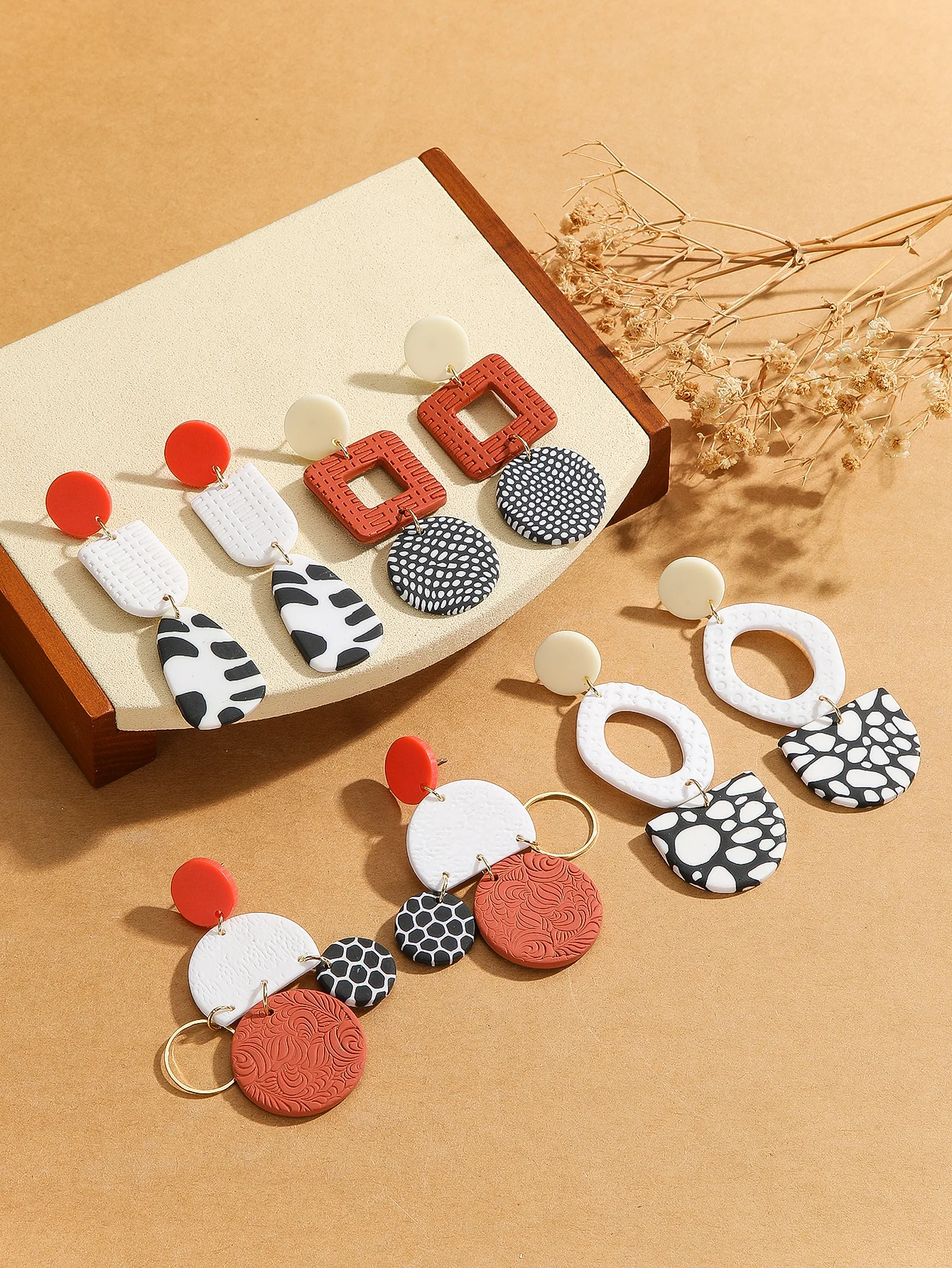 Boho Polymer Clay Earrings Dangle Lightweight Handmade Women Black White Round Square Open Shapes Half Moon with Dalmatian Dots