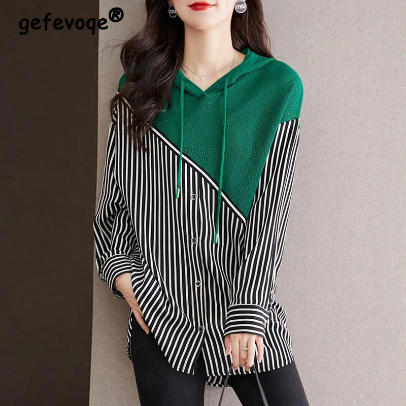 

Spring Autumn Fashion Striped Patchwork Hooded Shirt Women Casual Long Sleeve Street Loose Hoodie Tunic Top Female Clothing 4XL