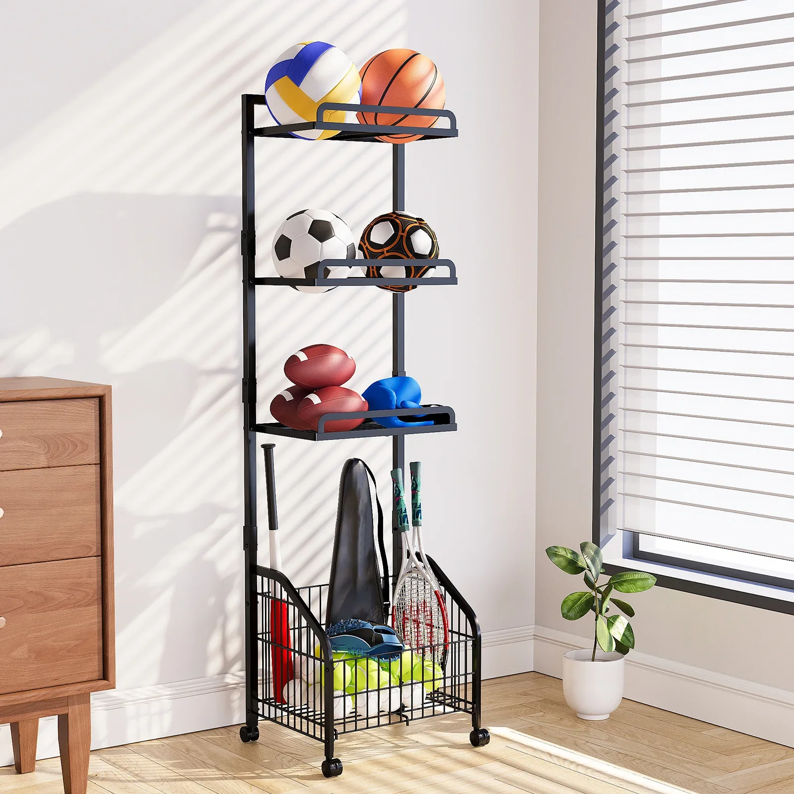 

Home Use Multi-Layer Metal Basketball and Football Organizer Rack Floor Standing Storage Basket for Balls Dish Rack