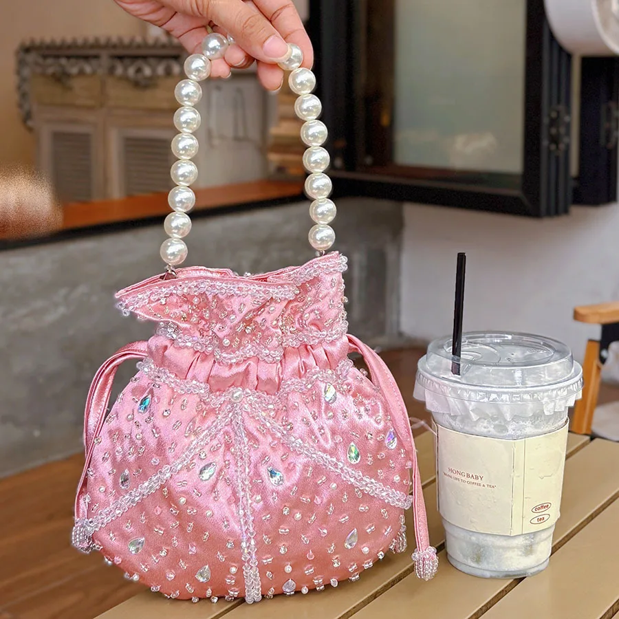 

Pleated Pearl Bucket Bags for Women 2025 New Chain Evening Party Crossbody Bag Fashion Luxury High Quality Cute Handbag Woman