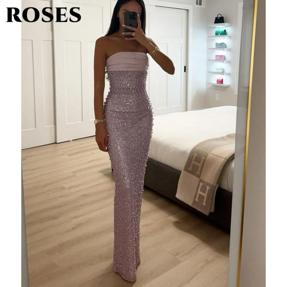 

ROSES Gorgeous Modern Style Prom Gown Strapless Mermaid Evening Dresses for Woman Shiny Sequins Ball Gown with Beads Customized