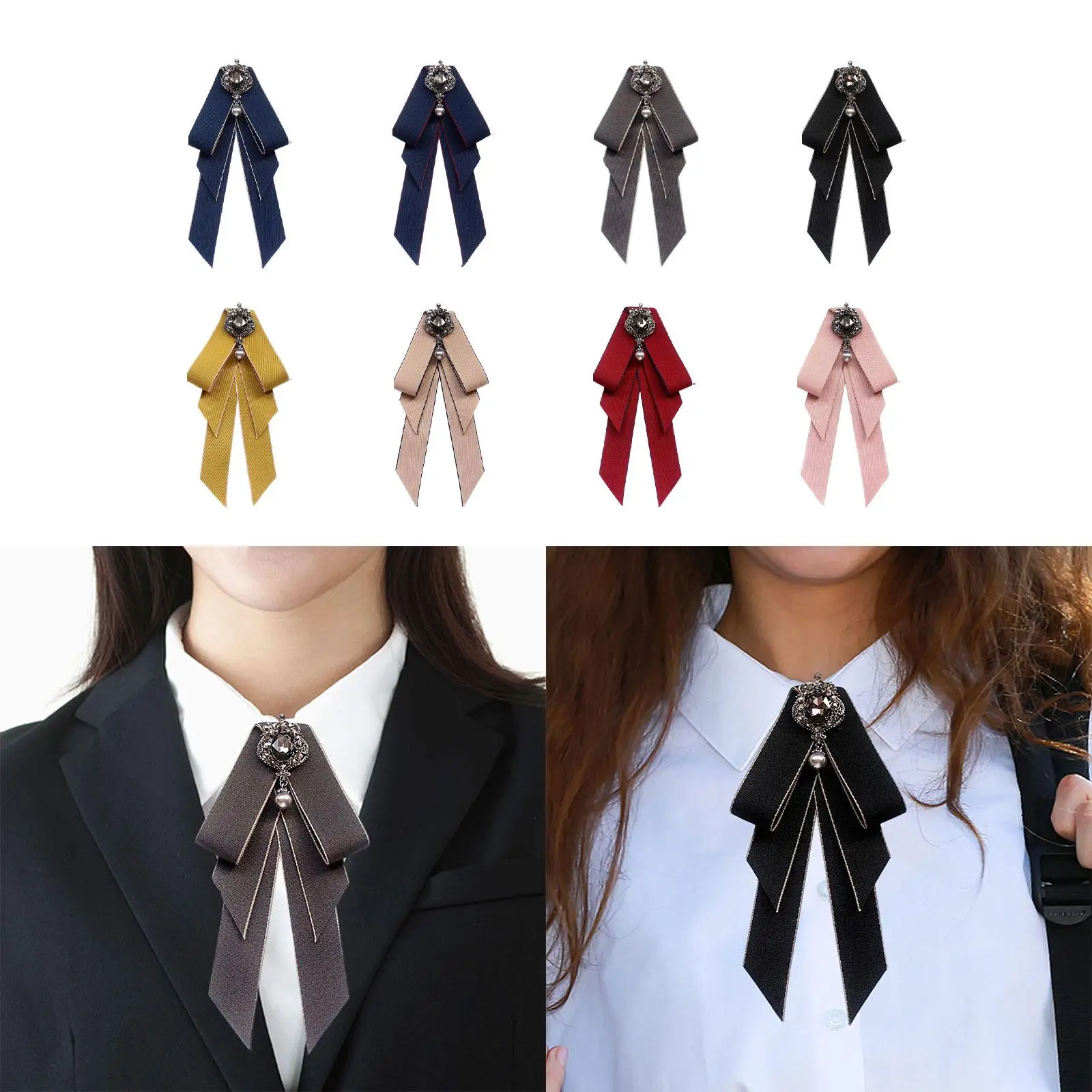 Elegant Rhinestone Bow Tie Brooch for Women Pre Tied Satin Necktie Adjustable Length Party Accessory Girls Fashion
