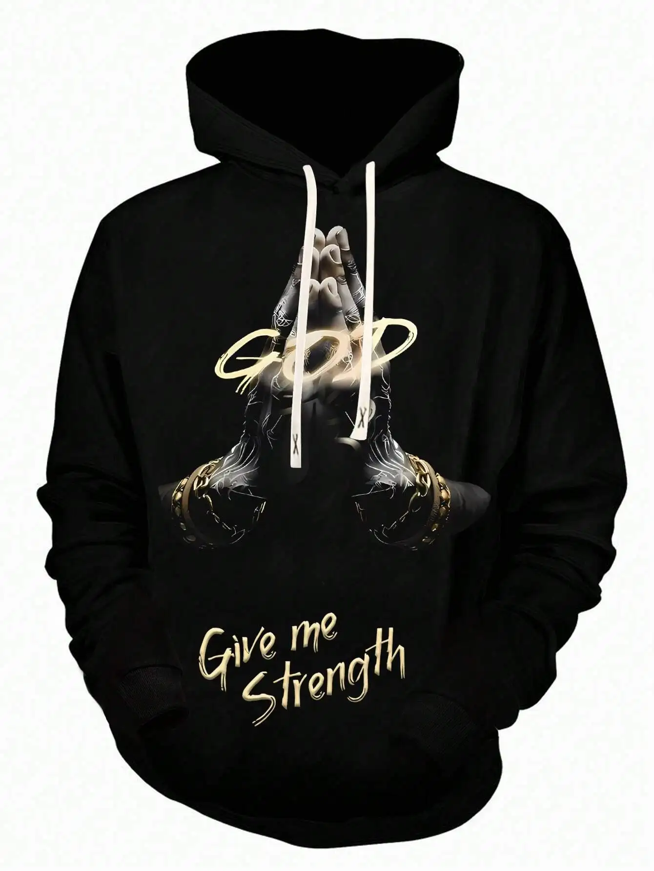 

Black Graphic Print Pullover Hoodie with Praying Hands Design, Casual Daily Wear