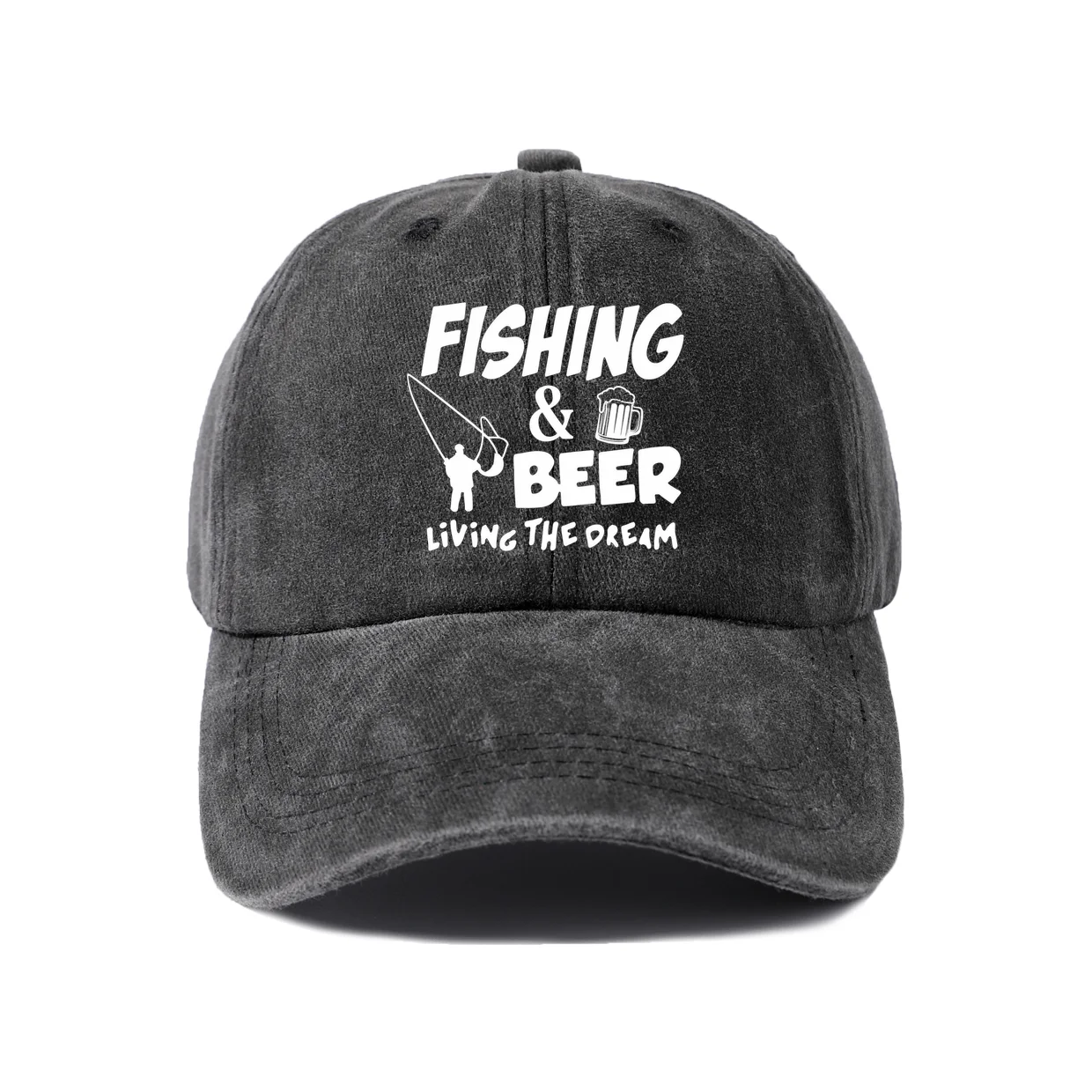 Fishing And Beer Living The Dream Graphic Vintage Washed Baseball Cap, Adjustable Unisex Dad Hat, Casual Gift