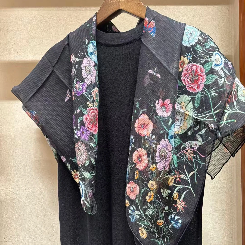 

Black White Silk Scarf Shawl for Women New Elegant Floral Long 100% Mulberry Silk Long Scarves Ladies Summer Beach Wrap 185*68cm