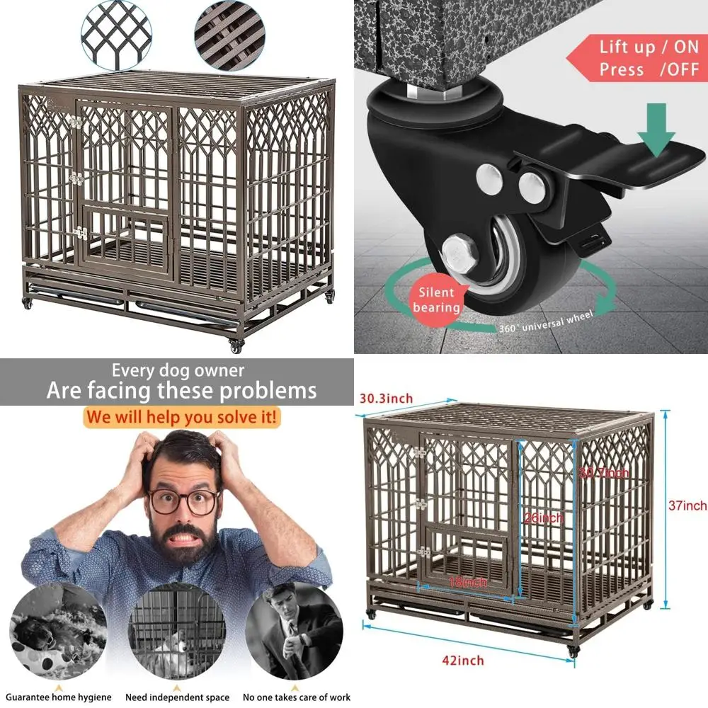 قفص معدني قوي للكلاب للسلالات الكبيرة - بيت عالي التحمل مع وصول ثلاثي للباب، أربع عجلات، حاوية على شكل حرف Y مقاس 42 بوصة #1