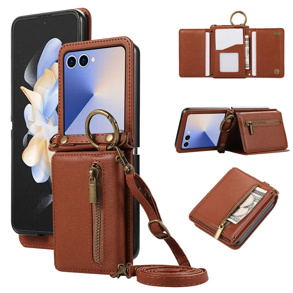 Leather Phone Case with Crossbody Ring and Card Holder for Samsung Galaxy Z Flip 7 6 5 4 3 Flip7 FE Flip6 5G Protective Cover