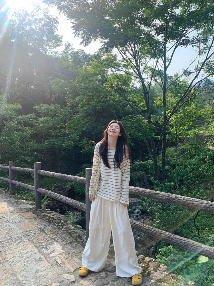 

Summer New Blue White Stripes T-irt Loose Fit Long Sve Knitted Casual Sle Side oulder Tie Design Mildly ou...