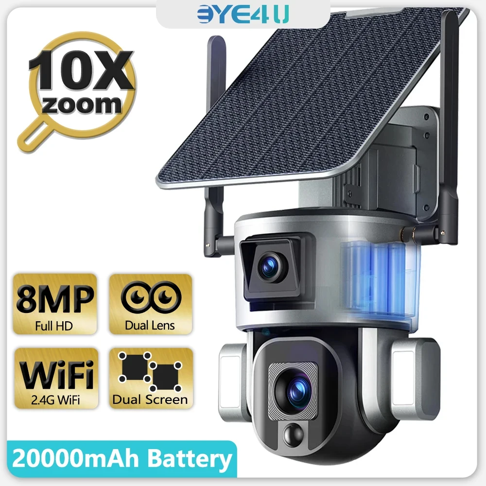 4K مجهر كاميرا IP عدسة مزدوجة 8MP كاميرا تعمل بالطاقة الشمسية تتبع السيارات بطارية كاميرا الأمن في الهواء الطلق واي فاي مراقبة الفيديو 10x التكبير