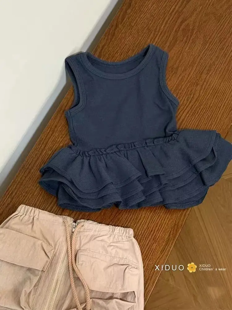 Korean Girls Summer Ruffle Vest 2026 Summer Kids Sweet Stylish Kids Multi Layer Pleated Lace Top