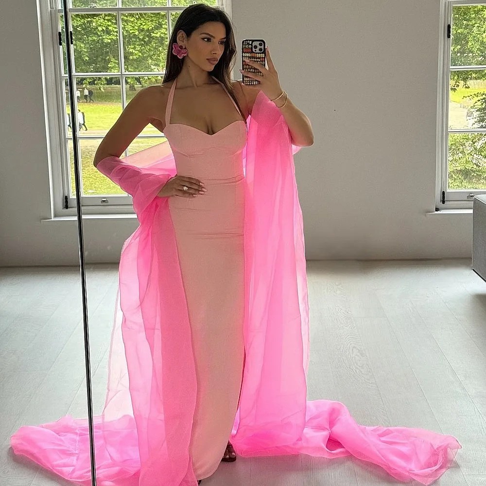 

Pink Mermaid Prom Dresses With Cape Sweetheart Long Custom Made Maid Of The Honor Gowns Girls Sexy Birthday Dress For Photoshoot