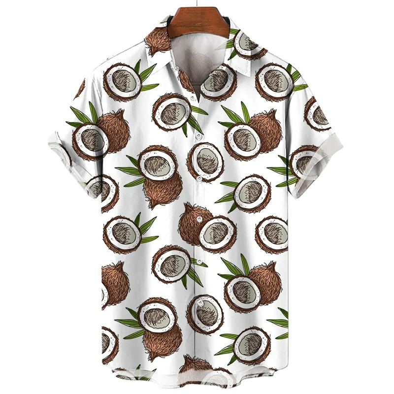 Camisa con estampado 3D de fruta de piña para hombre y mujer, camisas hawaianas de coco a la moda para playa, fiesta de vacaciones, camisetas informales con solapa con botones