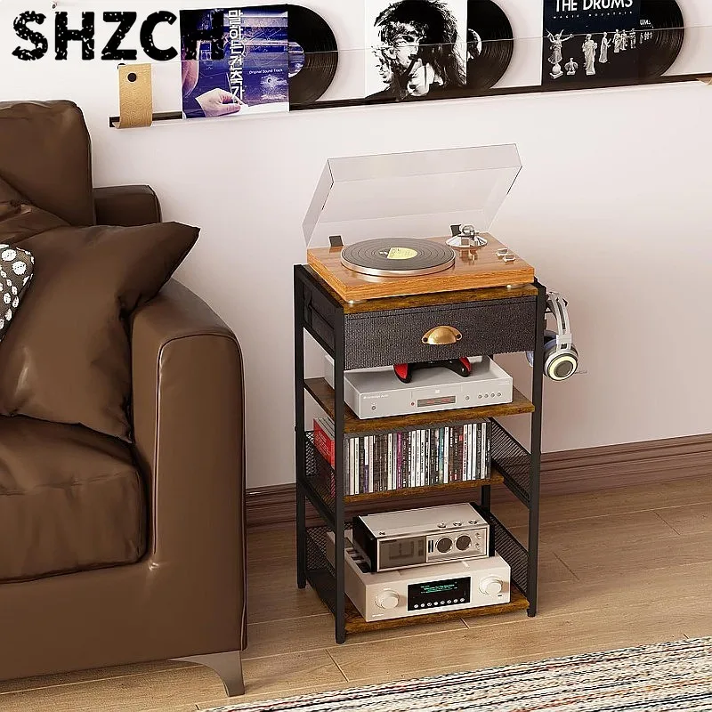 Iron-Wood Gaming Console Stand Record Player Table Multi-Tier Storage Rack