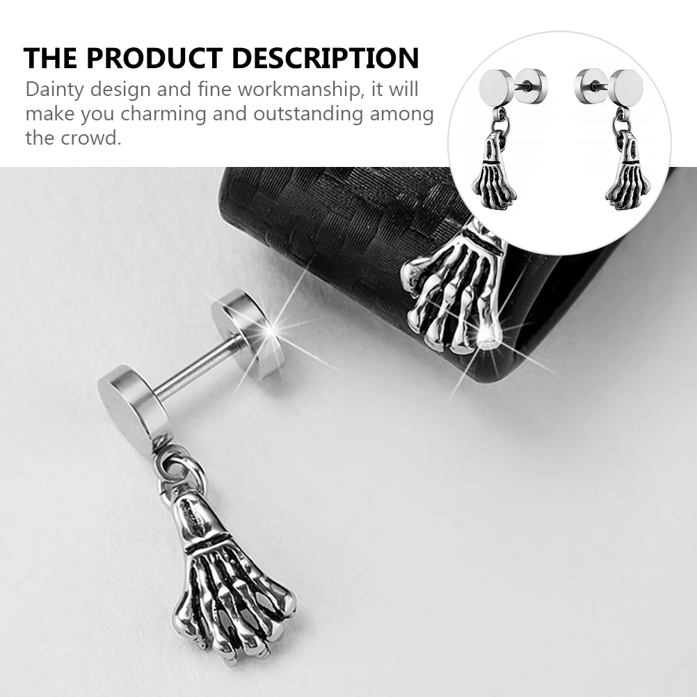 

2pcs 1 Pair Titanium Steel Dangle Earrings Stylish Punk Skull Hand Earrings Silver Creative Women Ear Jewelry Lightweight Gift