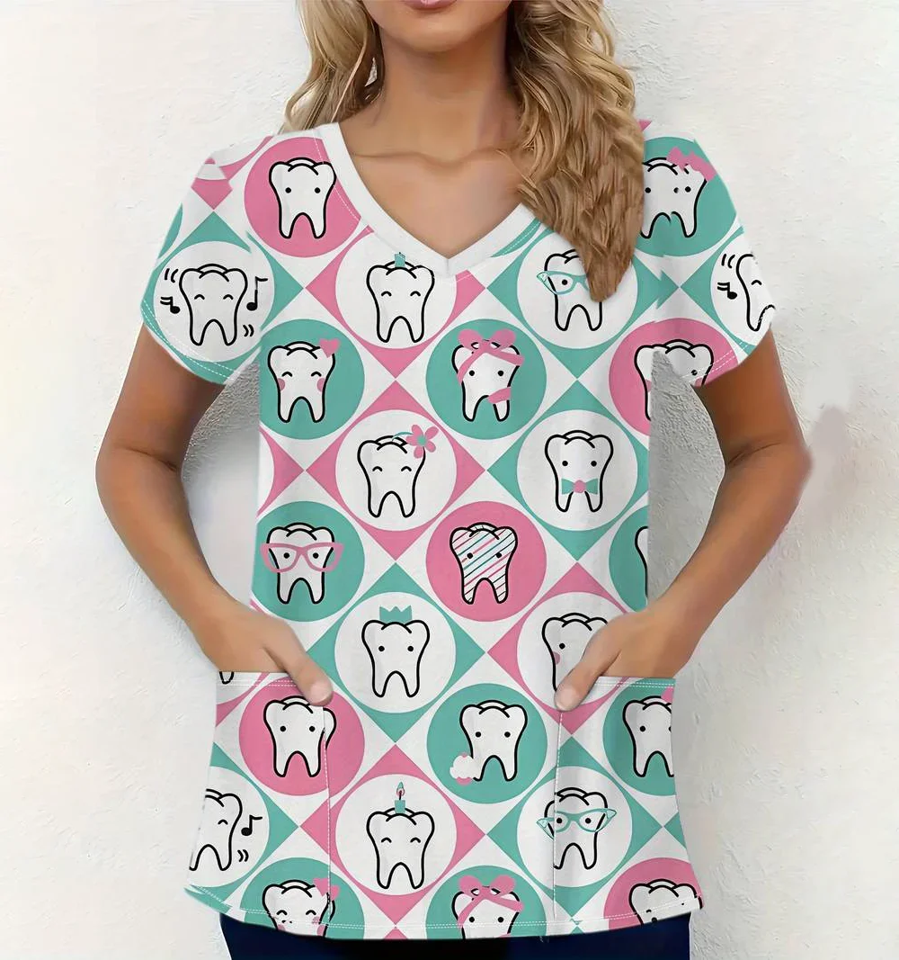 Uniforme clínico mulher dente padrão impressão enfermeira dental topos casual com decote em v manga curta com bolsos uniforme de enfermagem para mulher