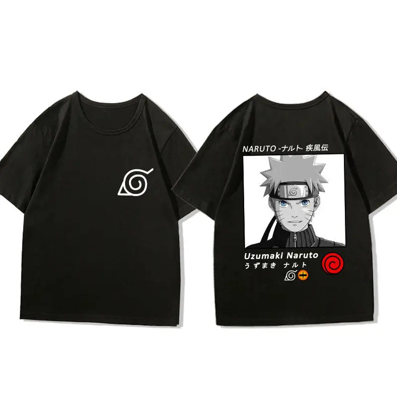 Korean Trendy Children's T-shirt Naruto 100% Pure Cotton Double-sided Printed Black Parent-child Casual Short Sleeved Shirt