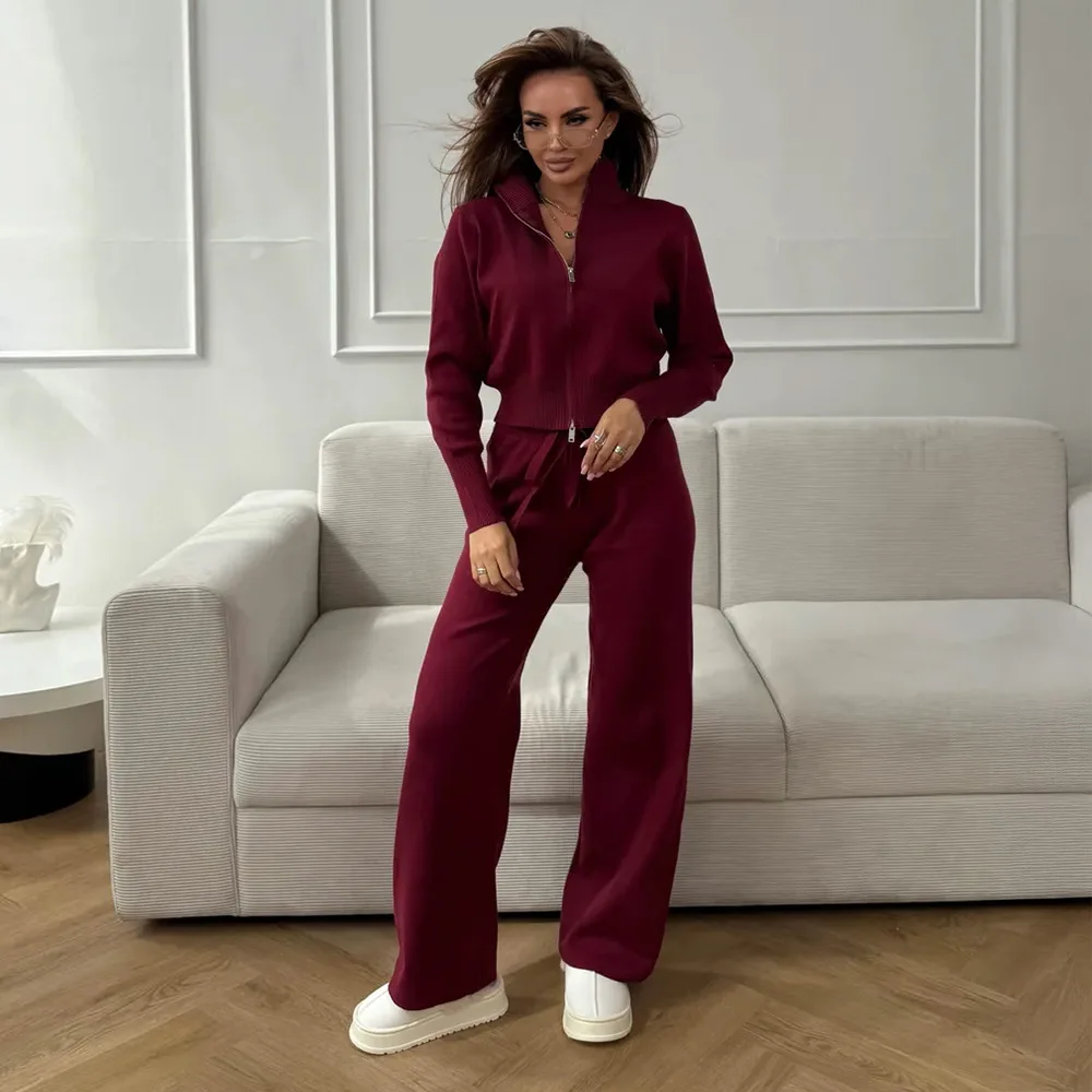 Women New Autumn Winter Zip Up Knit Set Trendy Slim Fit Cardigan Trousers Chic Commuting Vintage Two Piece Casual Fashion Outfit