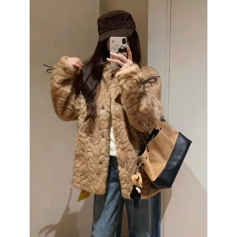 

Leather and Fur Women's Furry Jacket Long Sleeve Short Plush Coat Loose Stand Faux Mink Fur Jacket Winter Solid Fluffy Cardigans