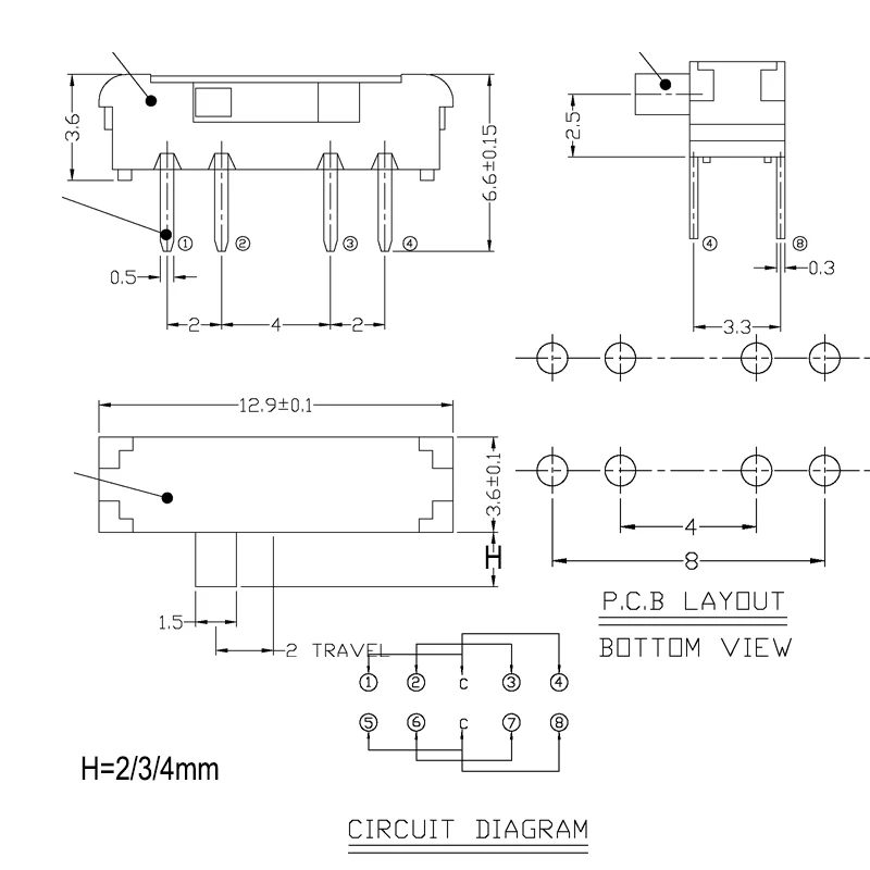 20PCS 8Pin DIP 90° Mini Slide Switch 3Position Micro Toggle Switch 2P3T 13x3.5mm H=2/3/4mm Horizontal Slide Switch MSK-23D19