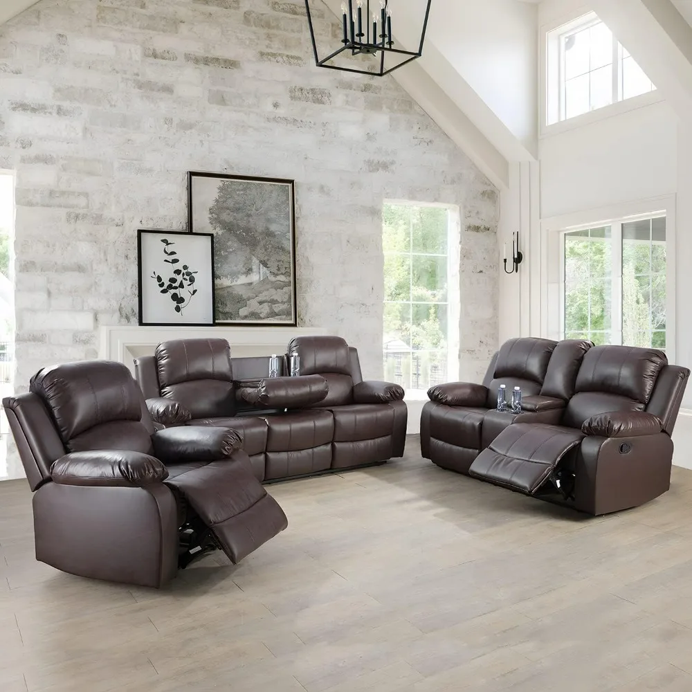 Sofa Living Room, Manual Leather Recliner Sofa 3 Pieces Set For Living Room Furniture Set, Leather Recliner Couch Set For Home