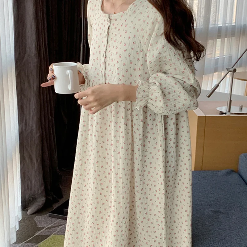 Muslin 100%Cotton Gauze Fashion Print Women Dress Casual Chic Long Sleeve Button Up Oversized Long Dresses Comfortable Homewear