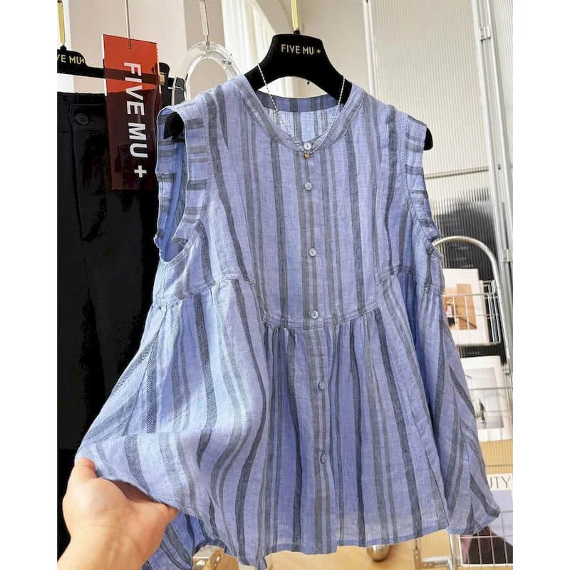 Thin Tank Tops Striped Design Loose Casual Korean Style T-shirts Sleeveless Age Reduction Shirts 2026 Summer Sale Women Clothing