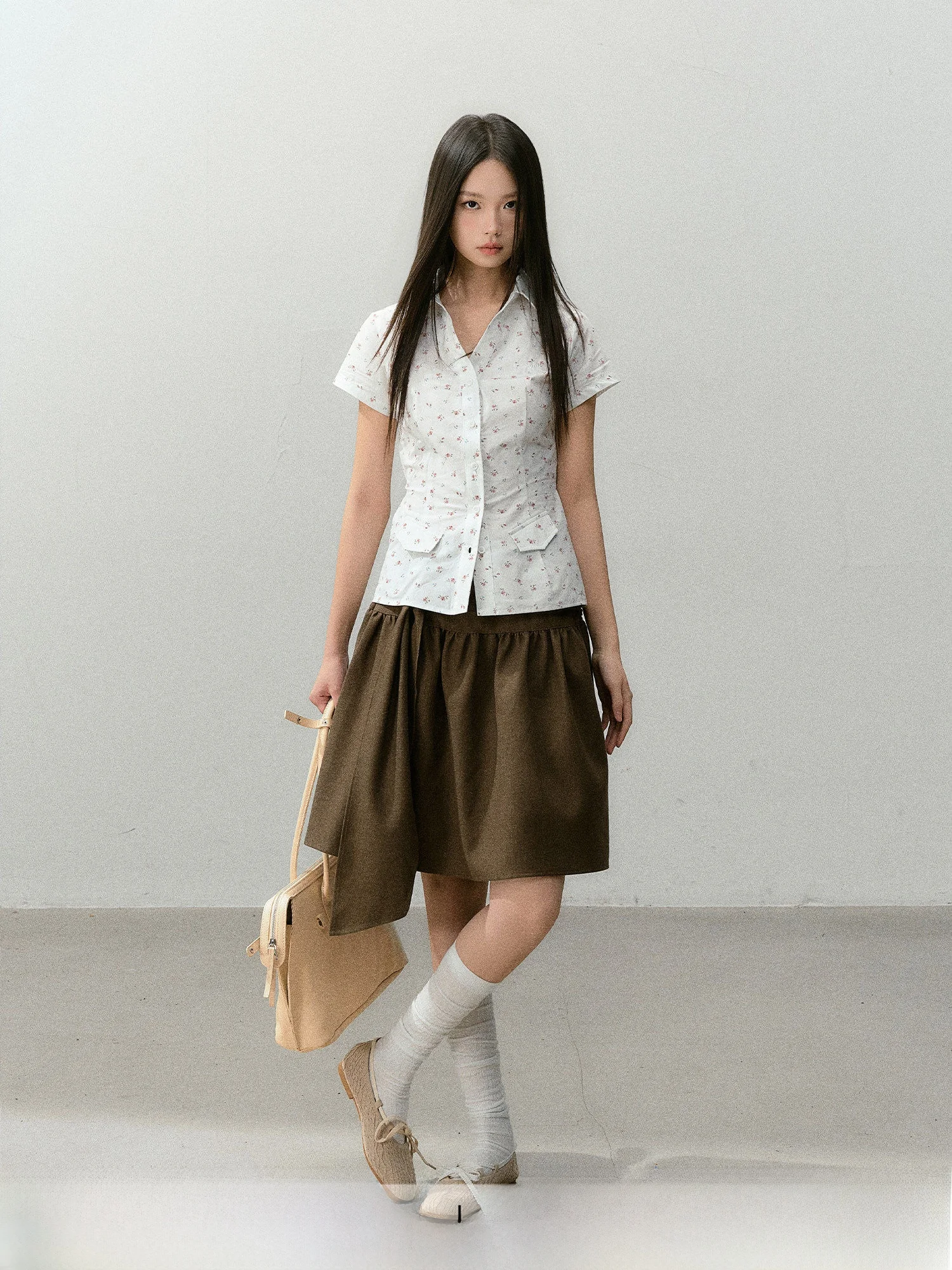 

Cotton Floral Print Short Sleeve Shirt Sweet Retro Waist-Cinching Pleated Collar Women's Cute Style Spring Summer Top