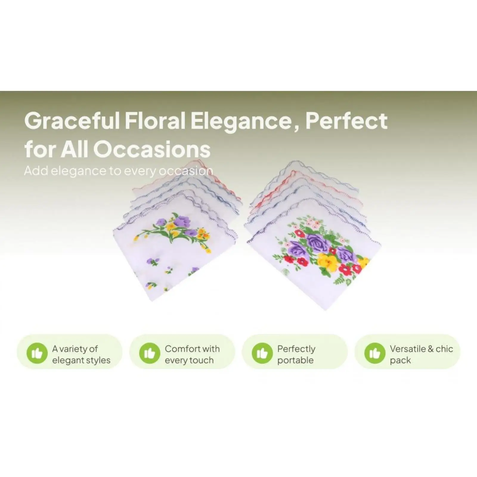 Ladies Elegant Handkerchief Cotton Floral Pattern Reusable Square for Women and Formal Celebrations