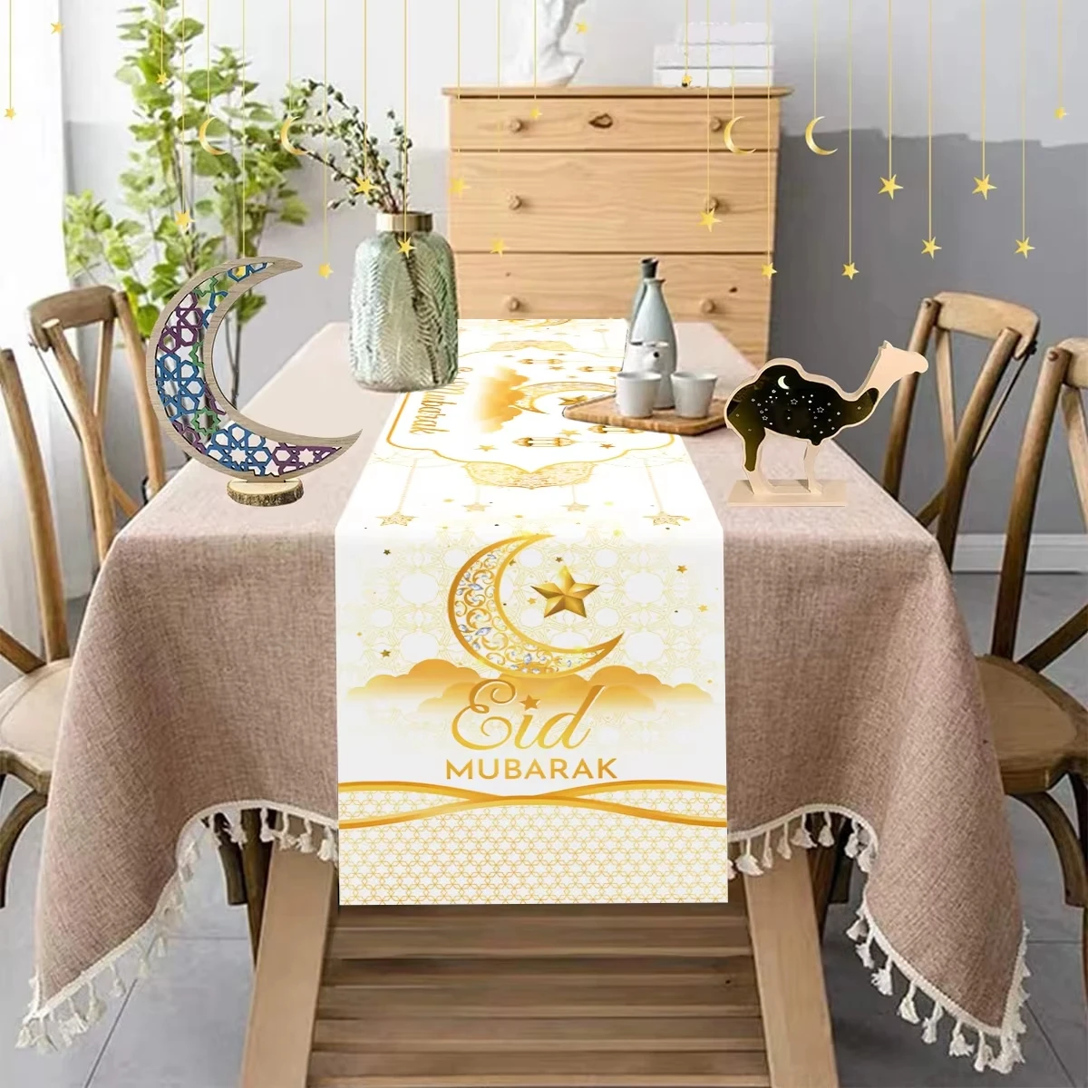 

Рамадан Ид настольная дорожка исламский фестиваль Декор многоразмерная льняная ткань для мусульманской семейной вечеринки домашняя столовая идея подарка