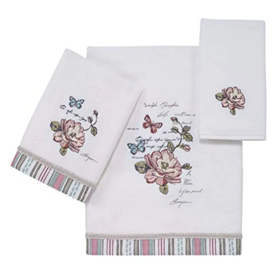

3pc Towel Set for Bathroom Use, 100 Cotton Towels in Butterfly Garden Print, Soft Highly Absorbent, Light Blue and White Color