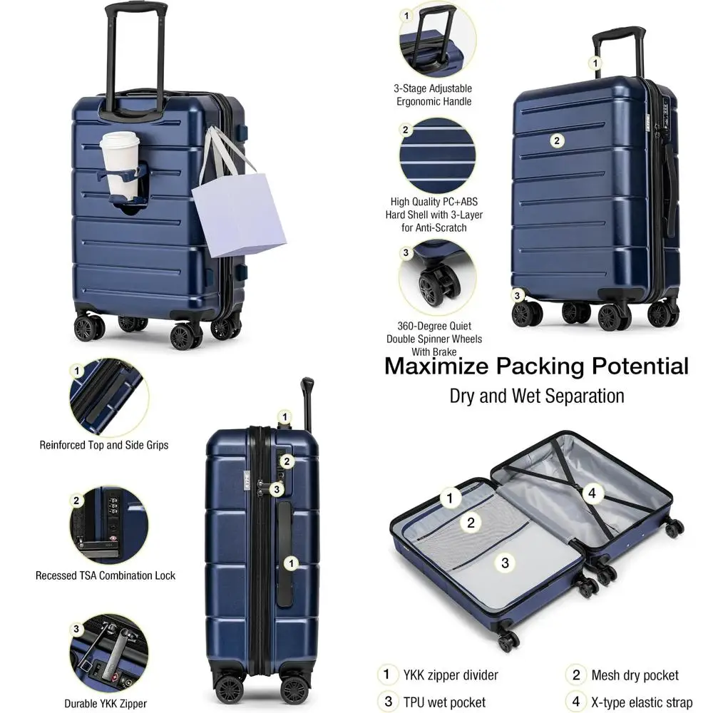 

Airline Approved Hardside Spinner Carry-On Suitcase with TSA Lock, 22x14x9, Cup Holder, Luggage for Travel