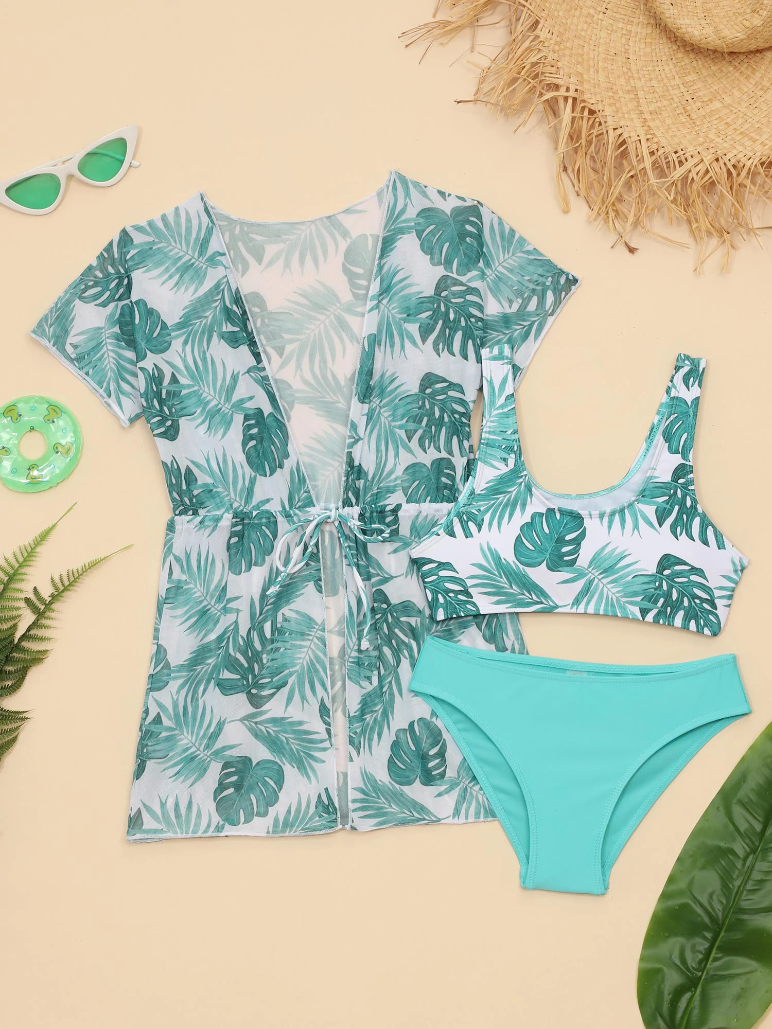 

3 PCS Swimsuit Swimwear Kids Girls Tropical Print Tank Top Briefs Mesh Belted Cover Up Kimono Set for Beach Pool Party Holiday