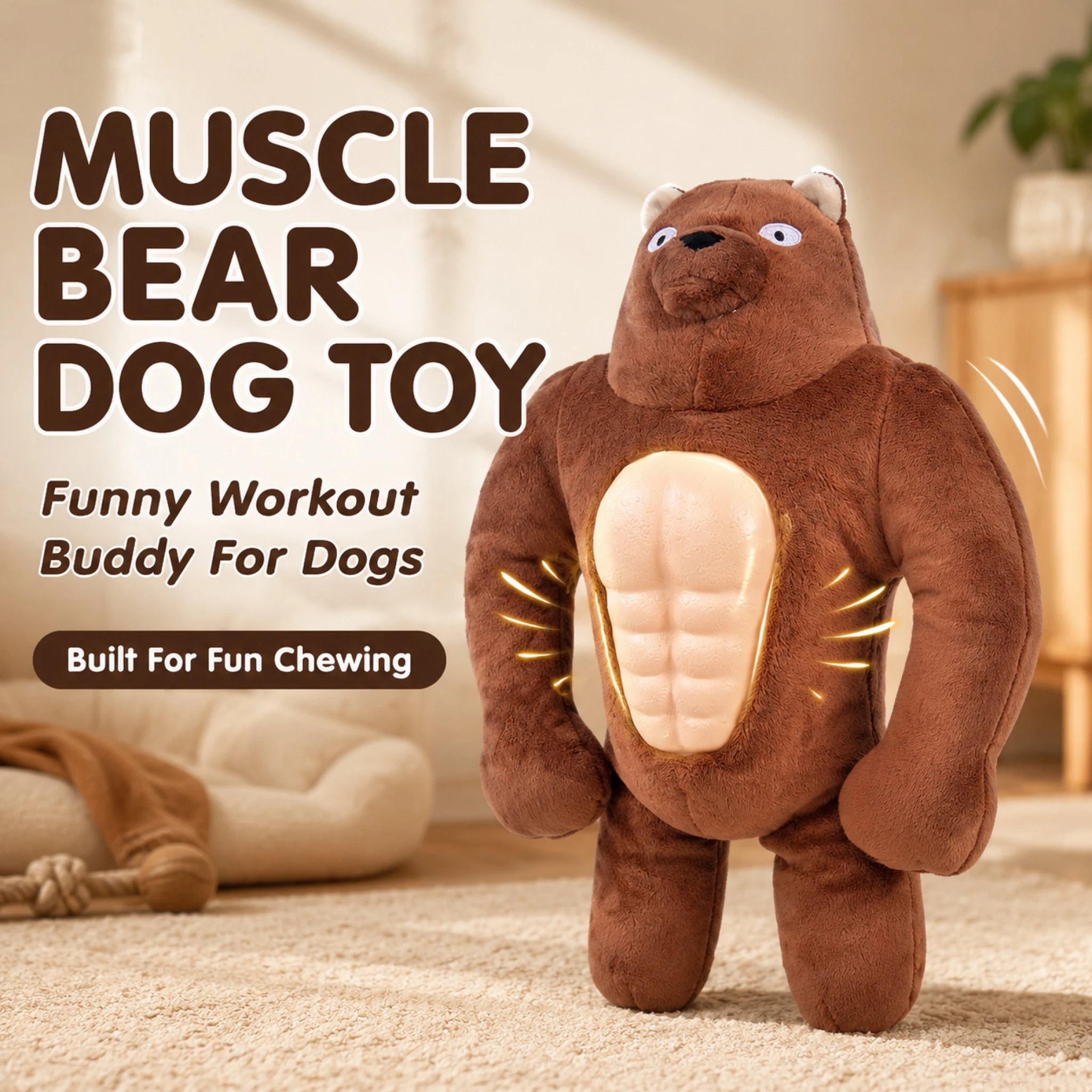 Squeaky Muscle Bear Dog Toy Plush Interactive Chew Toy Natural Rubber Belly Built in Squeaker for Small Medium Large Dogs Play