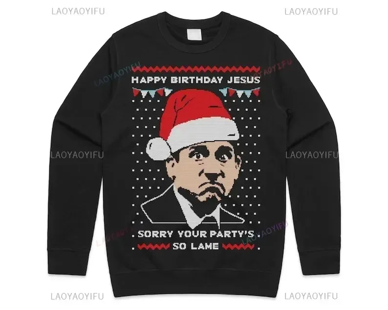 Michael Scott Christmas O-neck Sweatshirt Winter Pullover US Office Happy Birthday Jesus Xmas Funny Man Drop Shoulder Hoodie