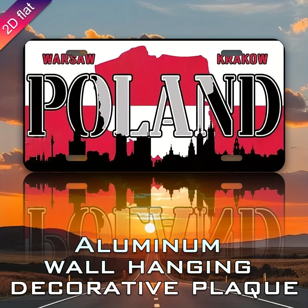 Metal Aluminum License Plate Wall Decor - UV Printed Poland-Themed Design with Warsaw City Skyline & National Flag,  Durable Ind