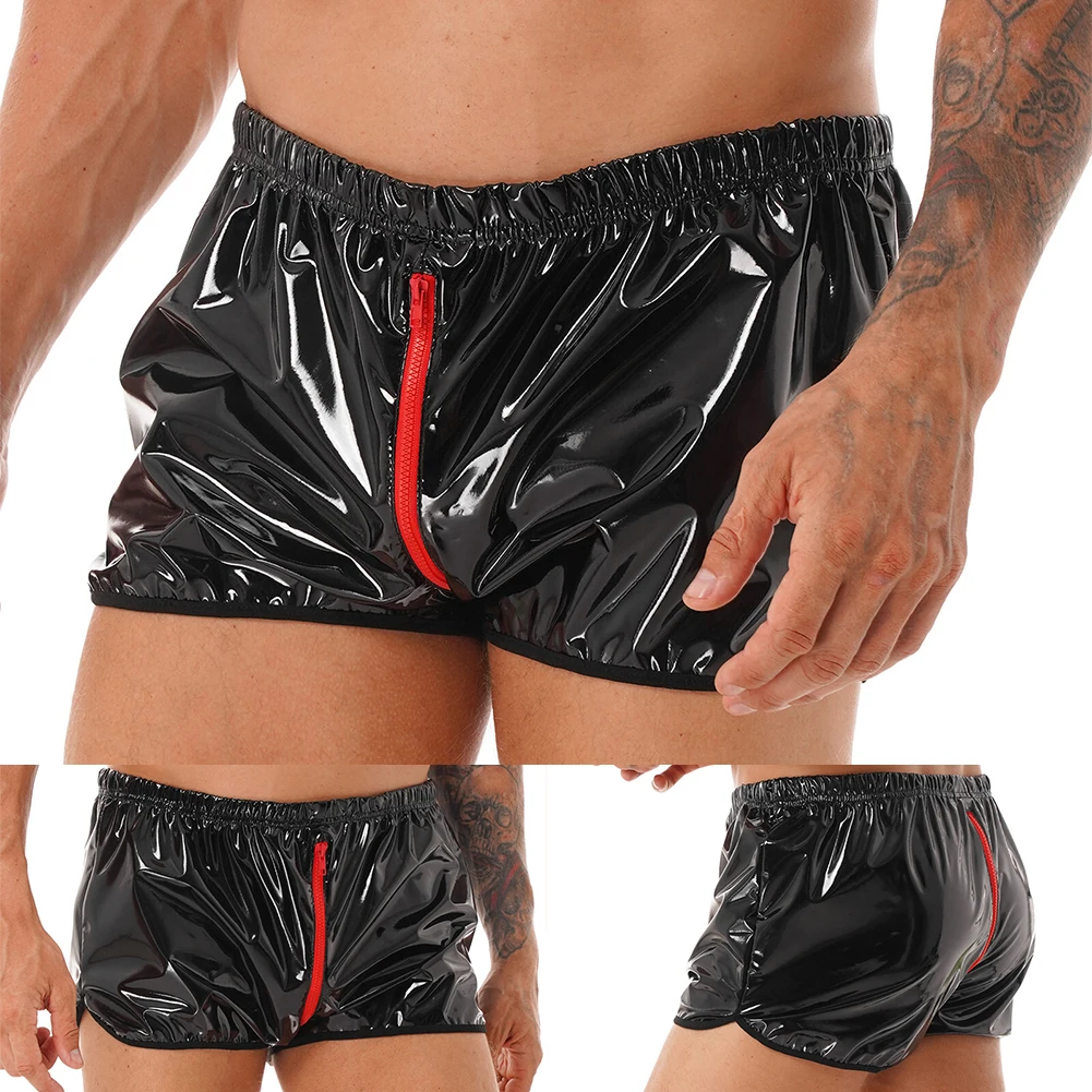Men's Artificial Leather Boxing Shorts Zippered Shorts Wet Skirt Shiny Latex Underwear Mid-Waist Underwear Clubwear Boxer Shorts