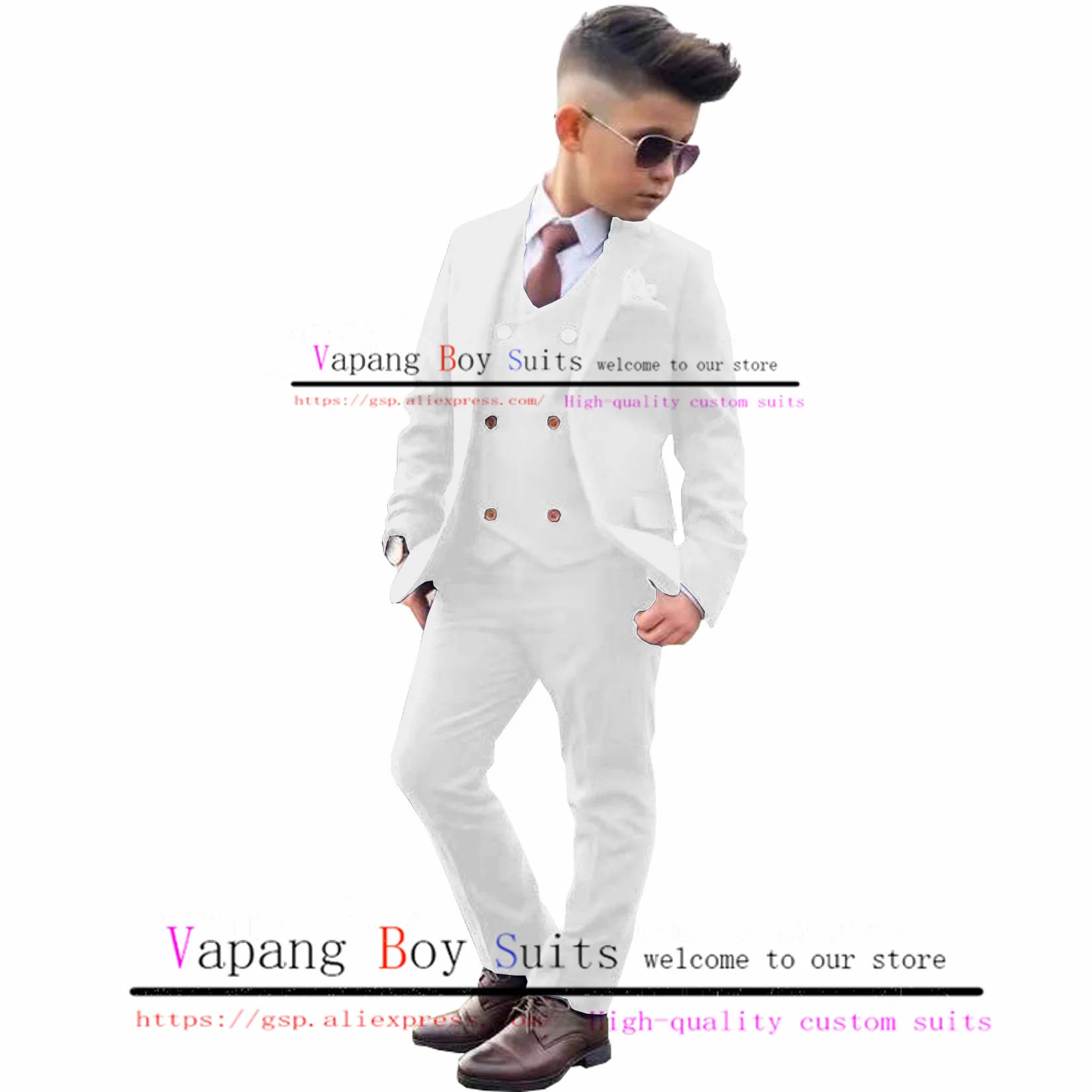 White Boys Suit Jacket Pants Vest 3 Piece Set Wedding Tuxedo Fashion Button Kids 2-16 Years Old Blazer Set