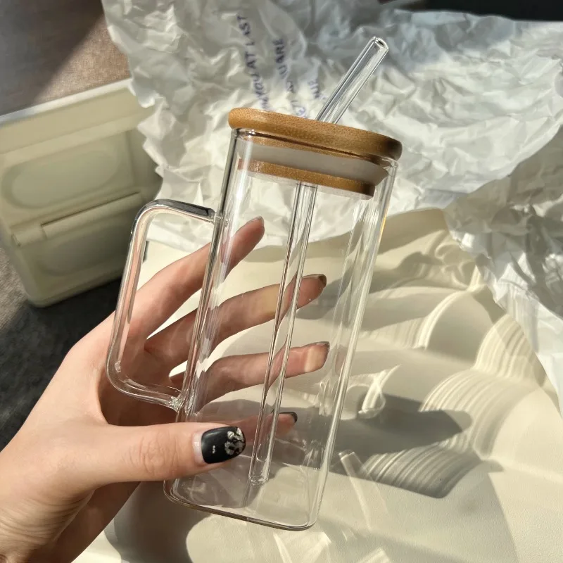 Square glass with handle home ins high appearance horizontal straw water cup Girls high temperature resistant flat clear cup