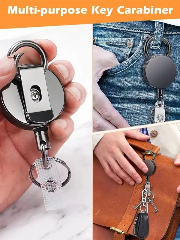 Retractable Metal Wire Keychain 4cm Heavy Duty Badge Reel ID Name Card Holder Spring Pull Reel Key Ring Outdoor Accessories