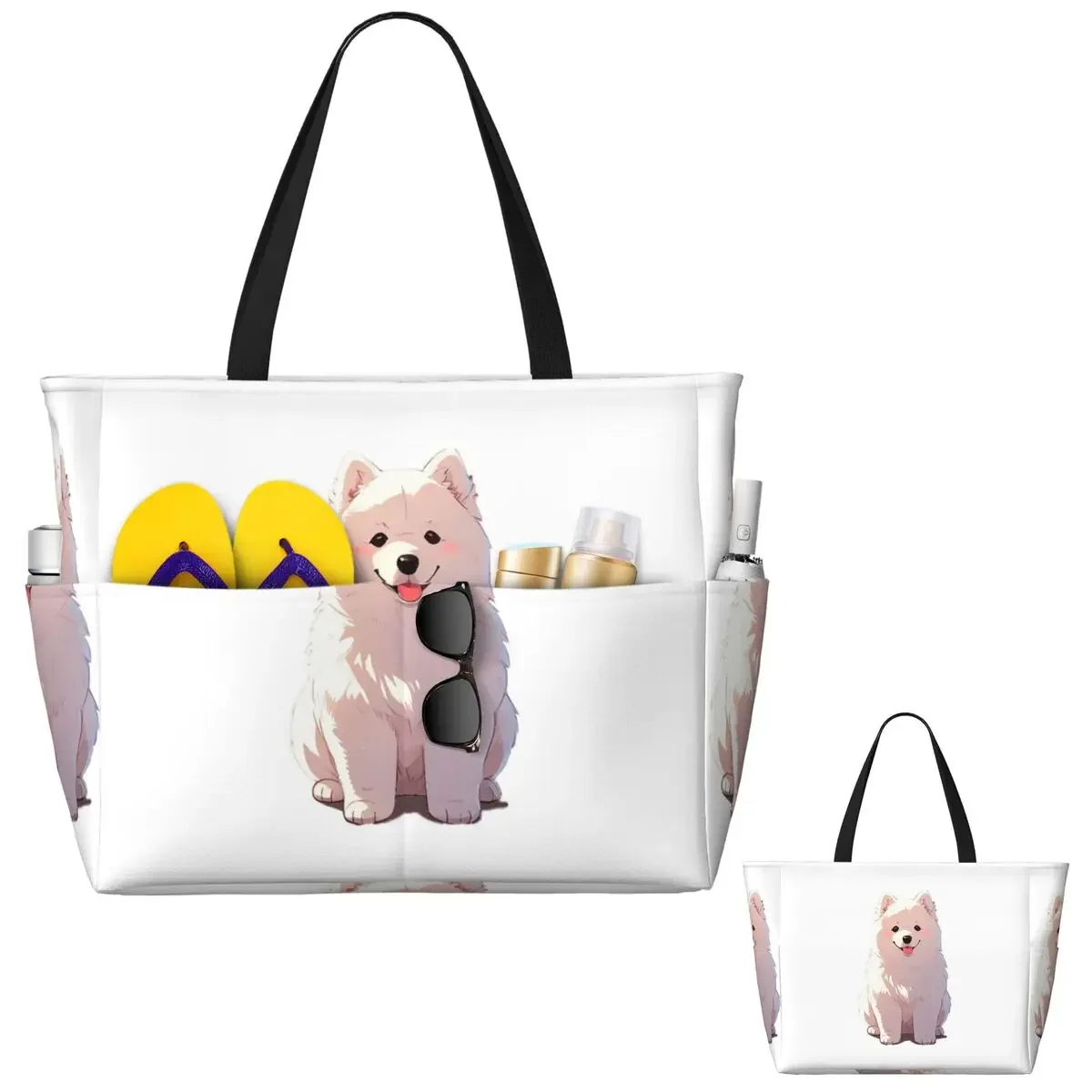 

Cartoon Style Cute Samoyed Beach Tote Bag Sport Gym Yoga Duffle Large Tote Bag Women Travel Bag Fitness bag