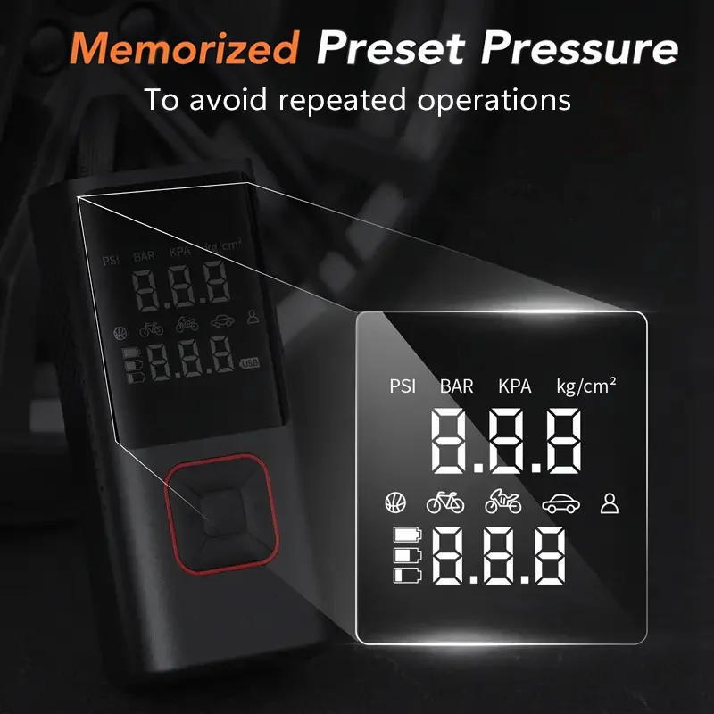Tire Inflator Portable Air Compressor, Rechargeable Air Pump for Car Tires, 150PSI Portable Tire Inflator for Car，Cordless Bike Tire Pump with Pressure Gauge, LCD Dual Screen, Motorcycle Pump, Essential Road Trip Accessories, High-Capacity Power Bank