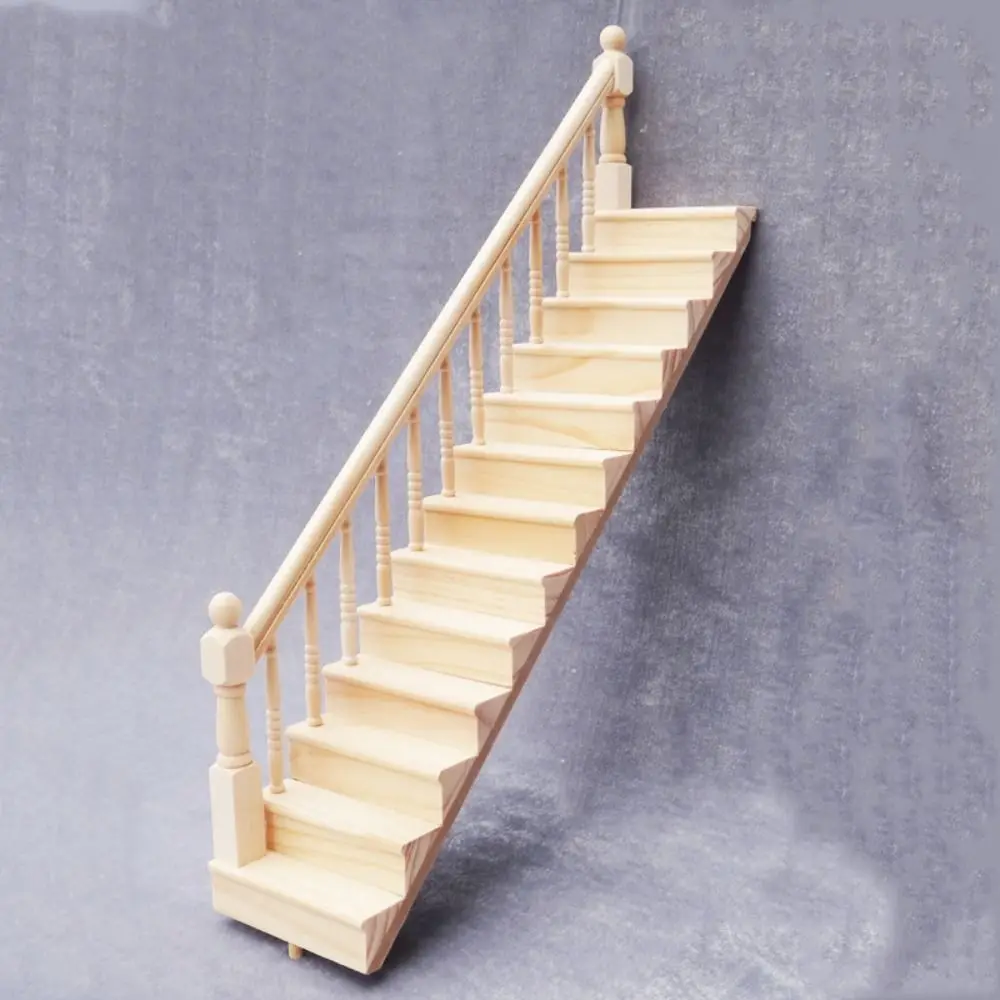 Decor Pretend Play 1:12 Dollhouse Furniture DIY Miniature Mini Stairway Model Wood Armrest Stairs with Handrail Scene Props