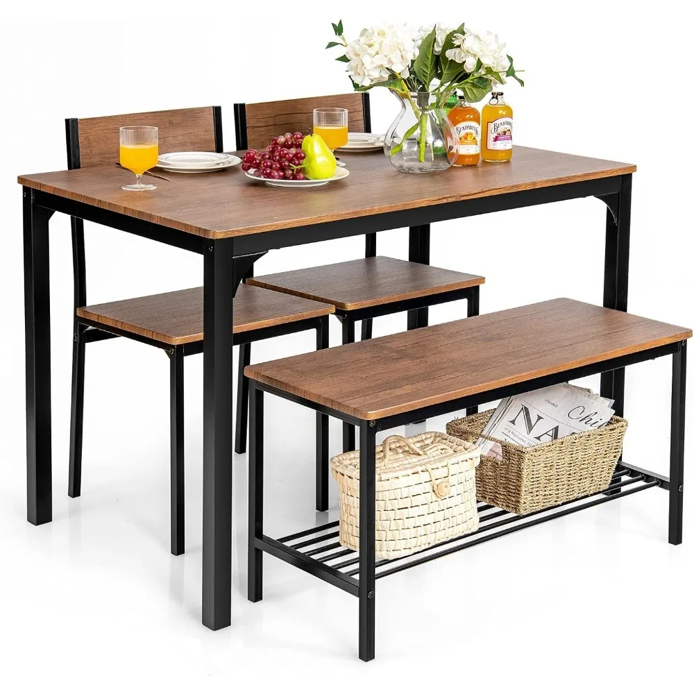 

Dining Table Set for 4, 43 Kitchen Table and Chairs, Dining Bench with Metal Frame & Storage Rack, 4-Piece Modern Functi